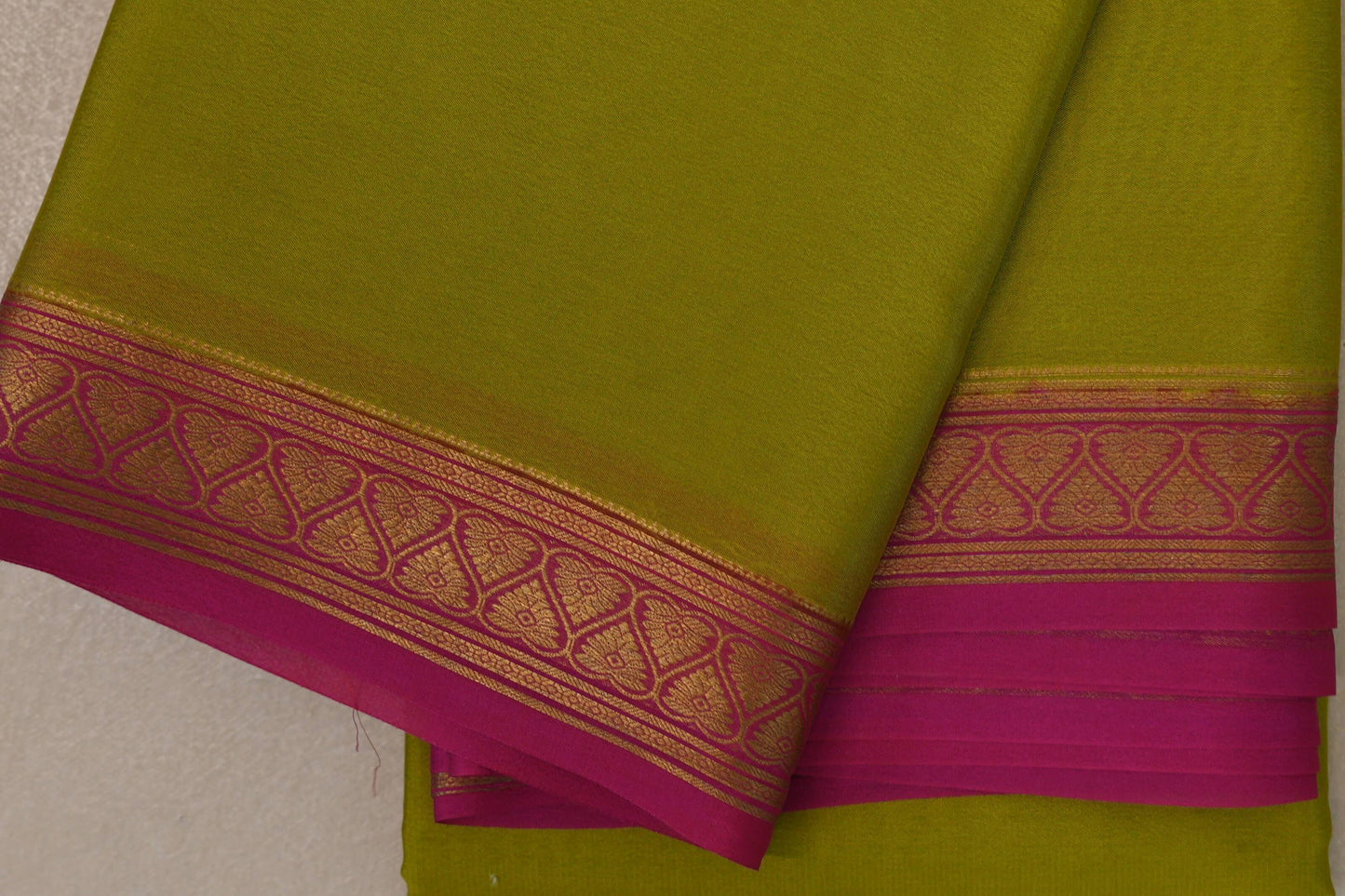 Olive yellow with Rani Pink Borders Mysore Silk Saree SS9484