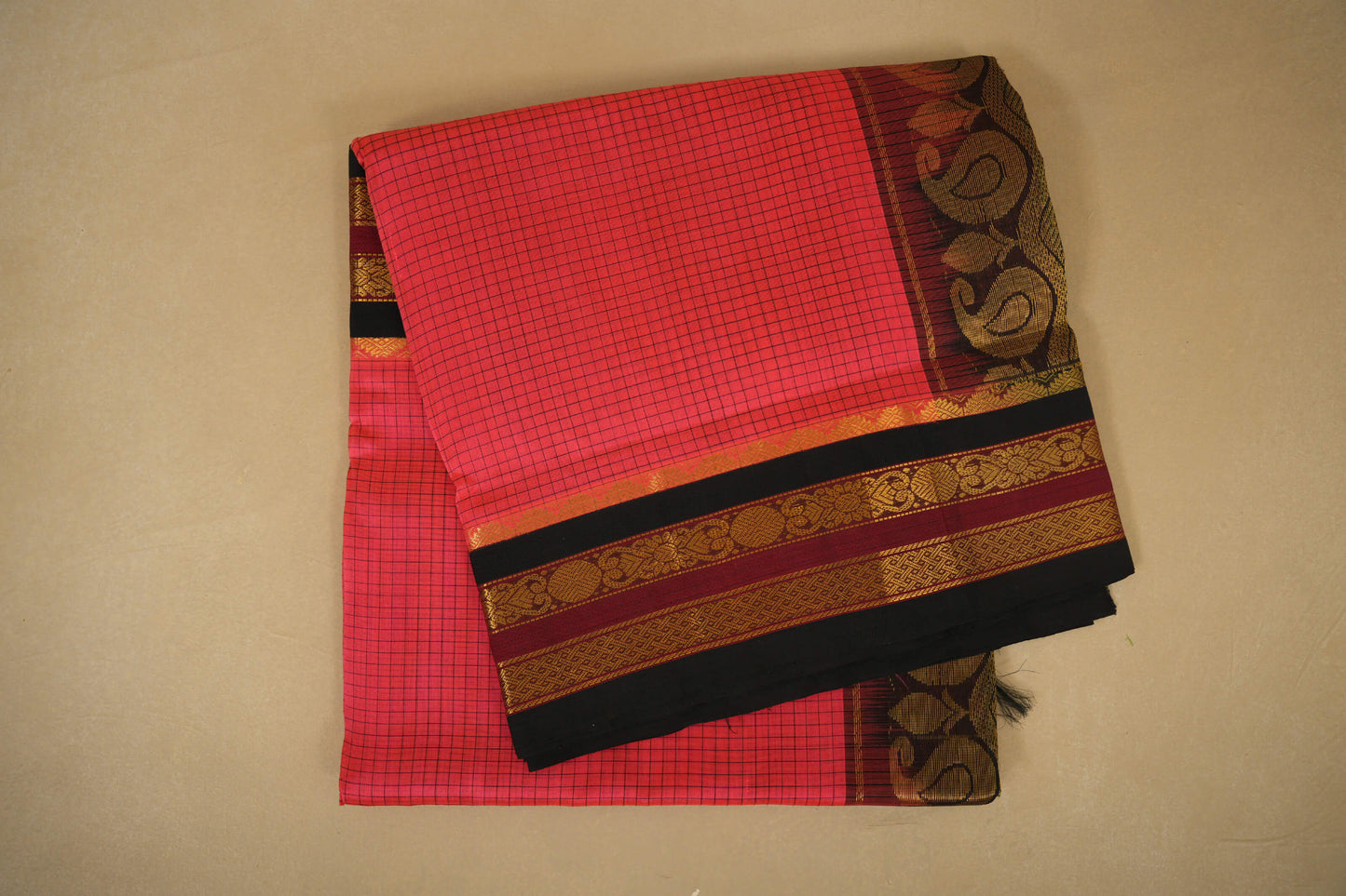 Folded Orangish Pink with Black Borders Vintage Kanjivaram Silk Saree