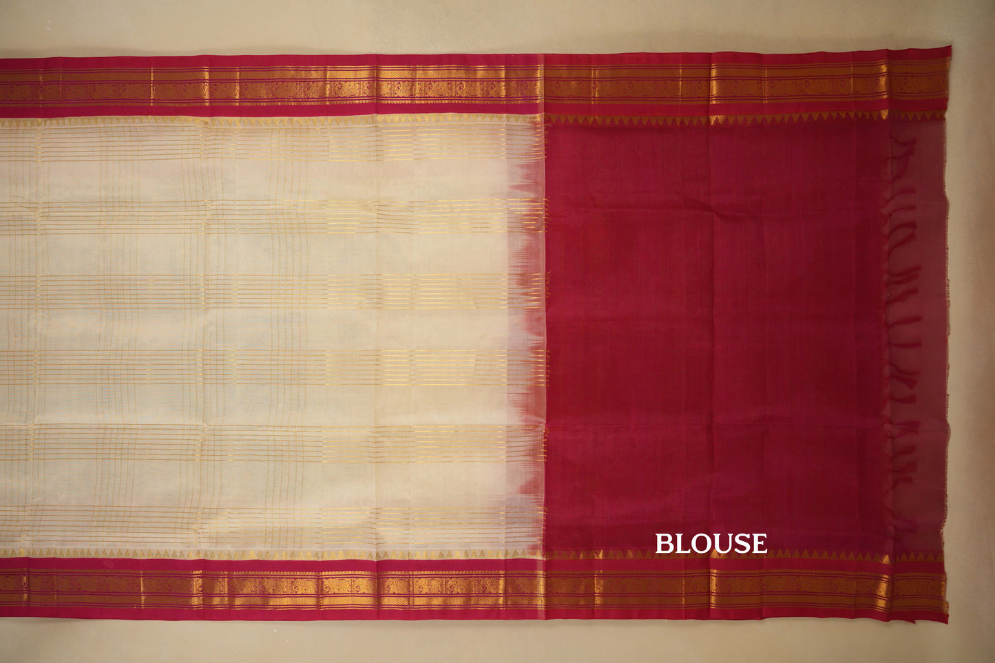 Half White with Red Borders Silk Cotton Saree blouse