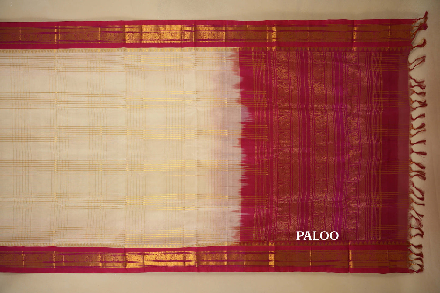 Half White with Red Borders Silk Cotton Saree Paloo