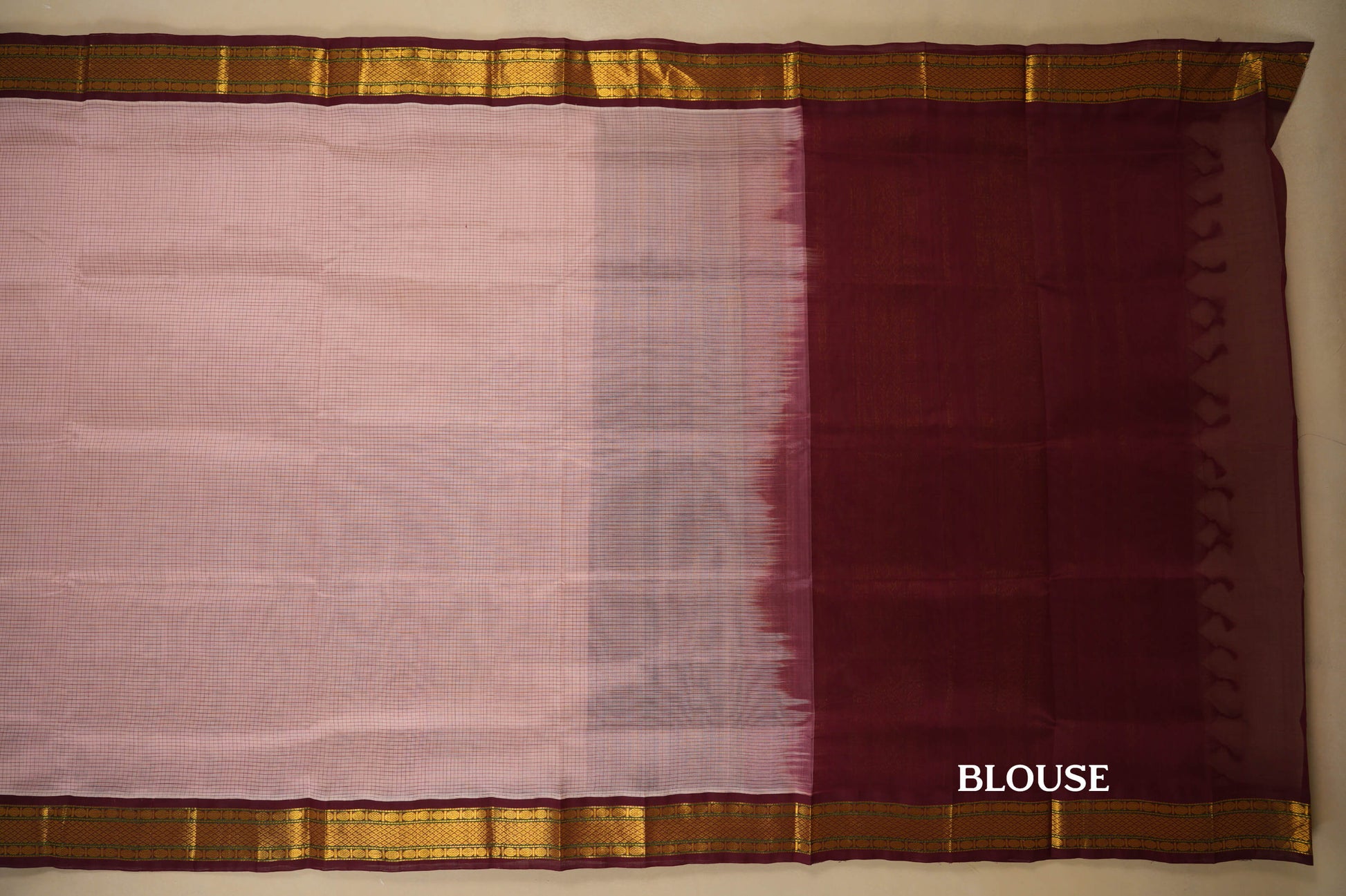Baby Pink with Dark Maroon Borders Silk Cotton Saree blouse