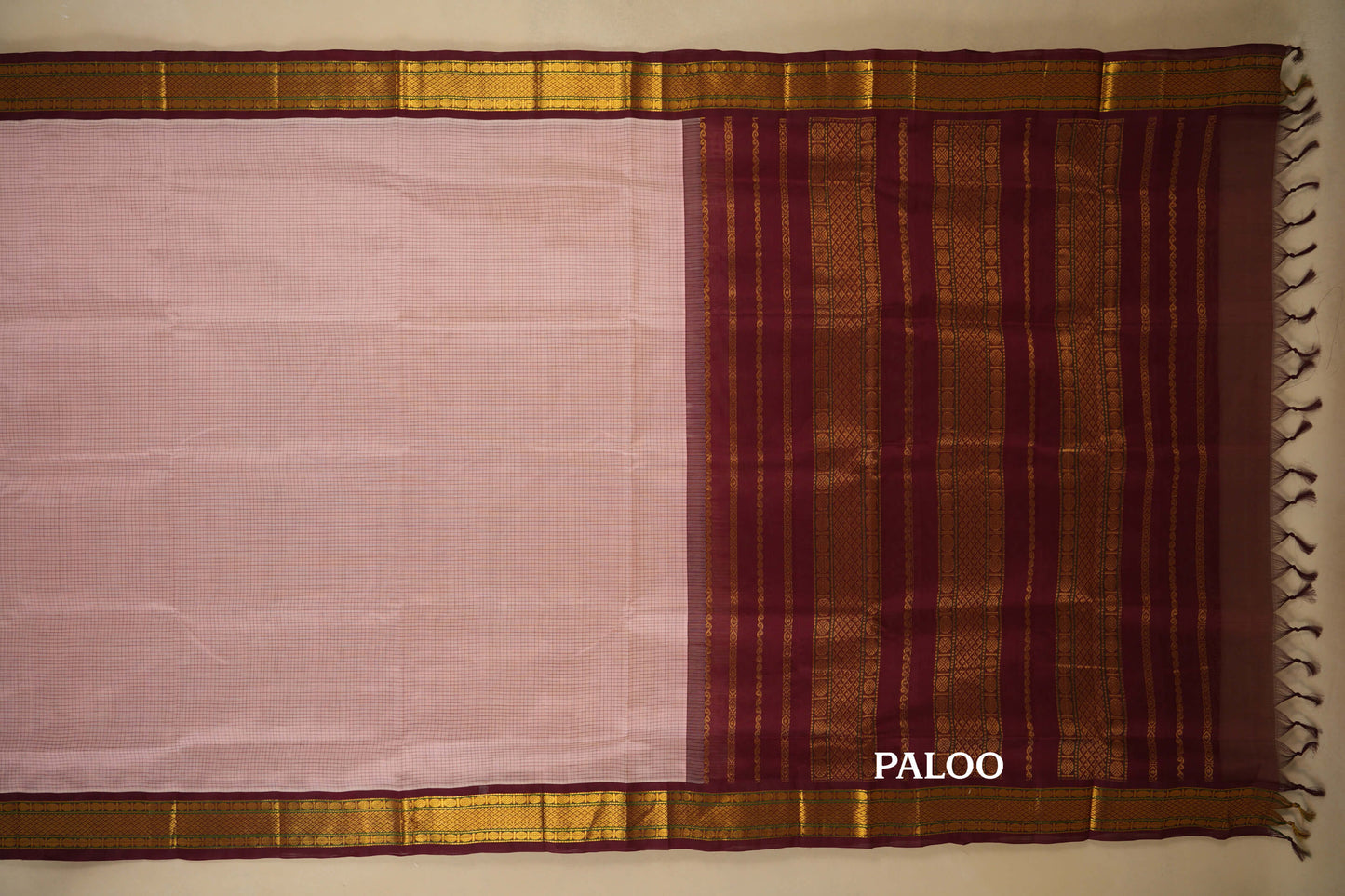 Baby Pink with Dark Maroon Borders Silk Cotton Saree paloo