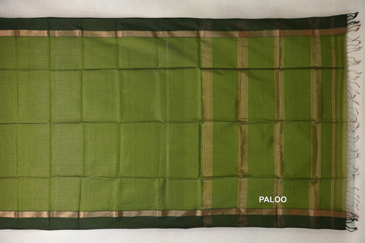 Maheshwari silk cotton saree spread flat, with an olive green body, deep forest green borders, and a striped pallu with tassels.