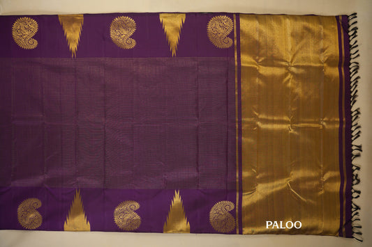 Purple Small Zari Checks Vintage Kanjivaram Silk Saree paloo