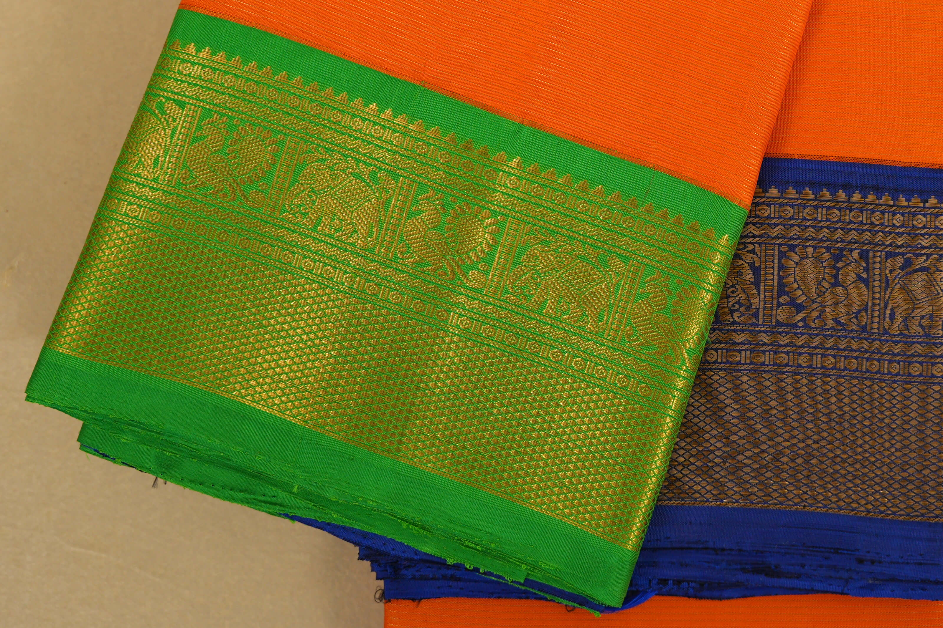 Orange with Green/Blue Borders Vintage Kanjivaram Silk Saree borders