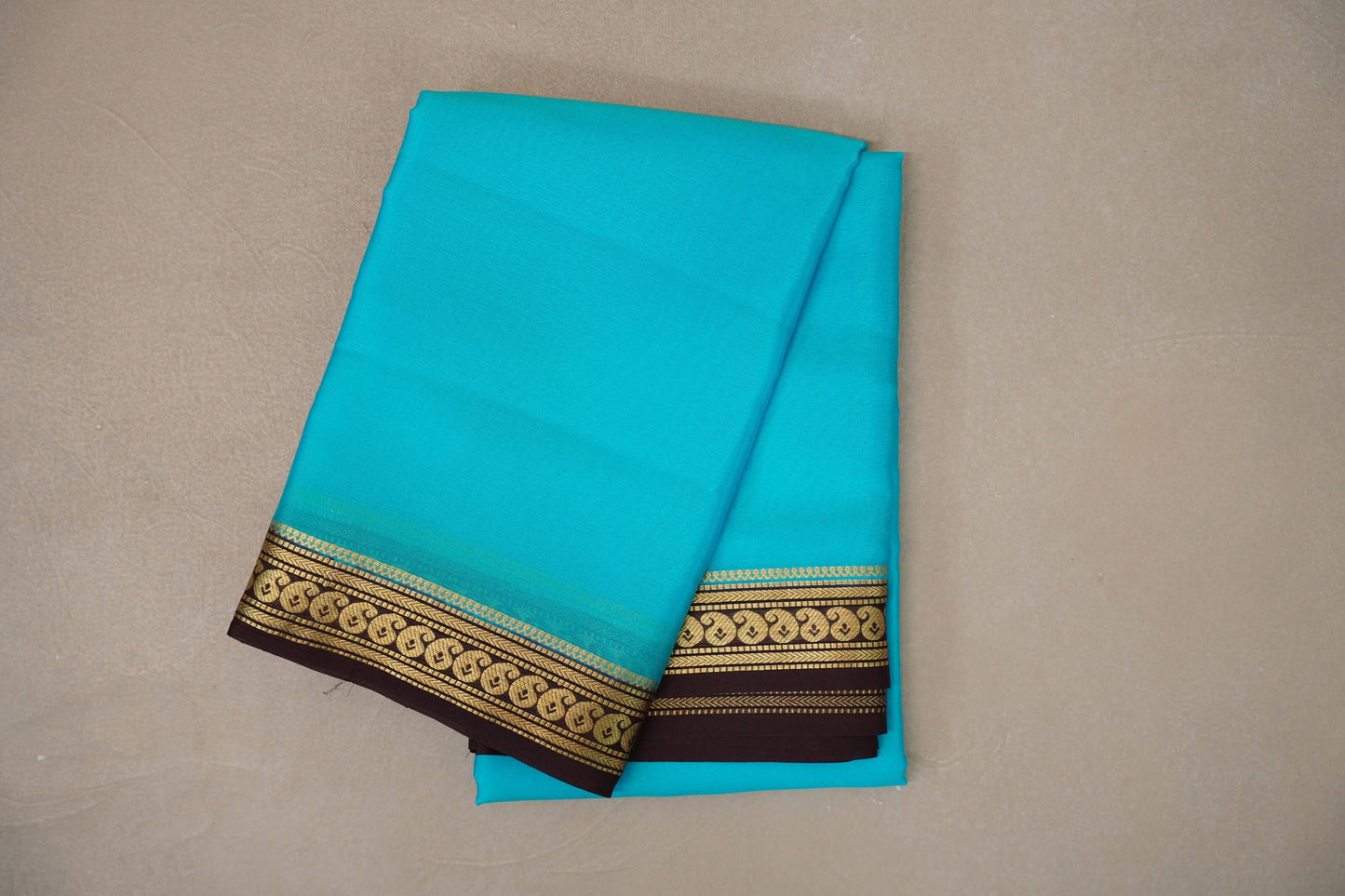 Bright aqua blue with Dark Brown borders Mysore Silk Saree SS9491