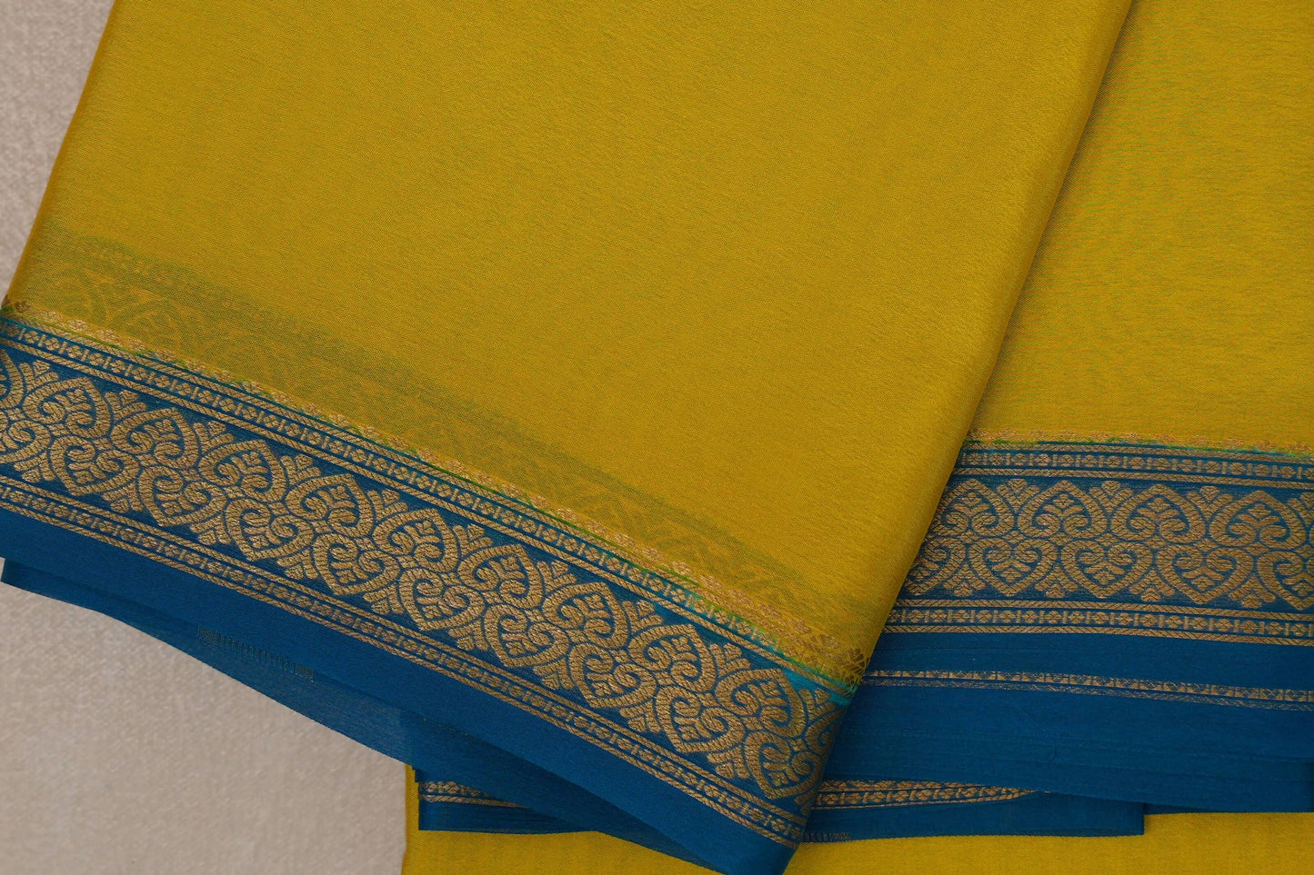 Olive yellow with Teal borders Mysore Silk Saree SS9493