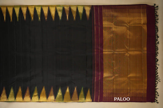 Black with Temple Borders Vintage Kanjivaram Silk Saree paloo