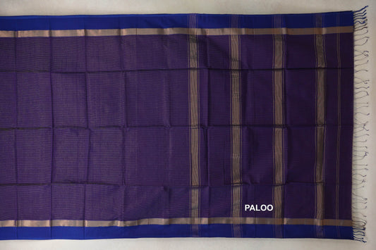Deep Purple Maheshwari silk cotton saree laid flat, showing violet borders with metallic bands and a striped pallu with fringe.