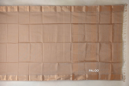 Dark Sandal Beige Maheshwari silk cotton saree laid flat, showing a plain body, striped pallu, woven borders and a fringed end.