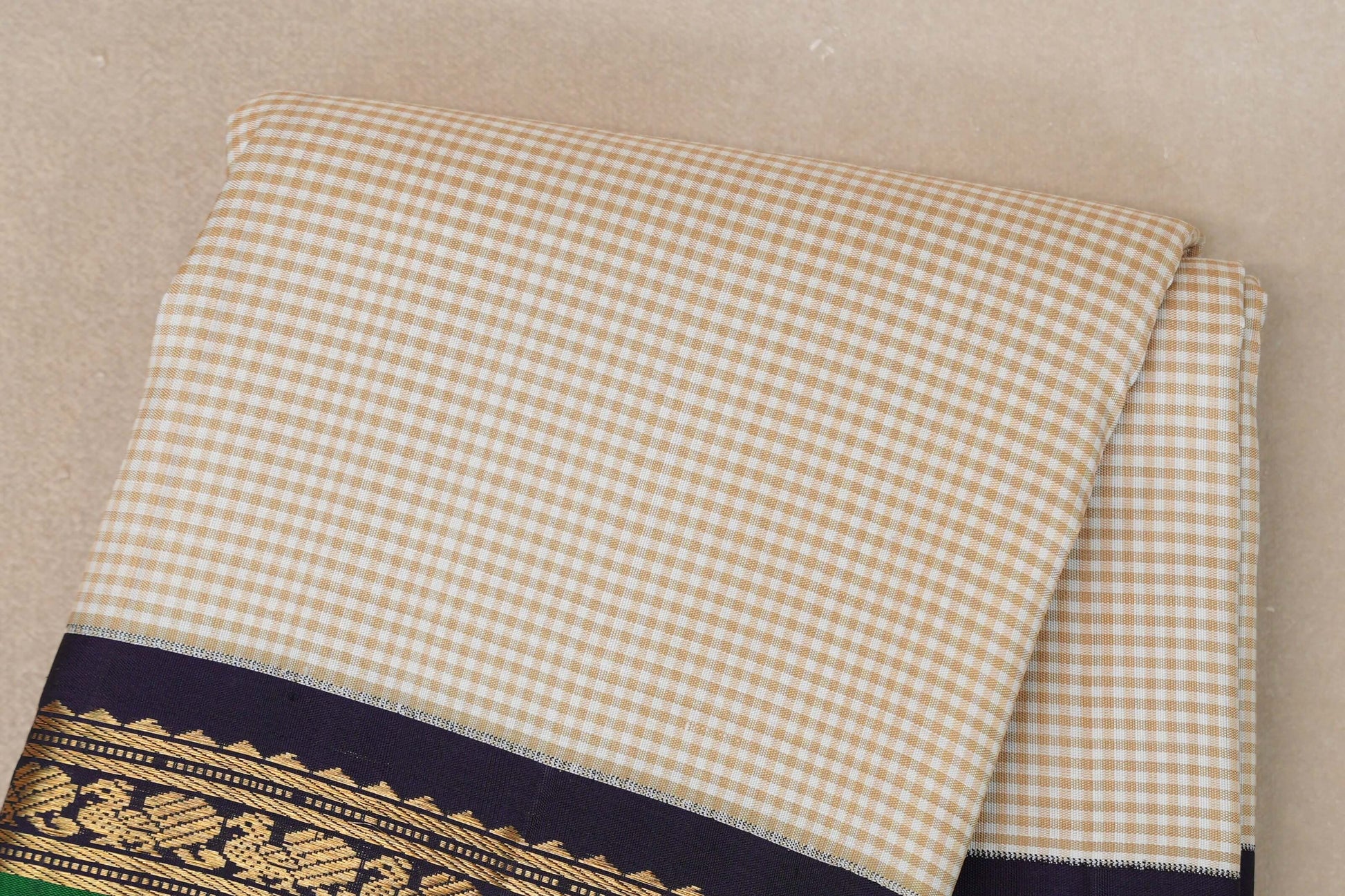 Cream with Olive Green Checks Vintage Kanjivaram Silk Saree body zoom