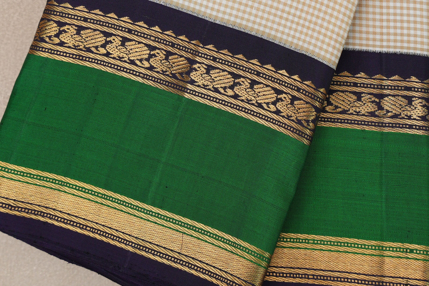 Cream with Olive Green Checks with Deep Purple Borders Vintage Kanjivaram Silk Saree SS9498