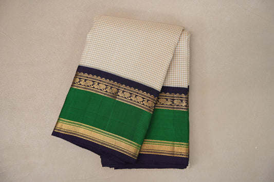 folded Cream with Olive Green Checks Vintage Kanjivaram Silk Saree