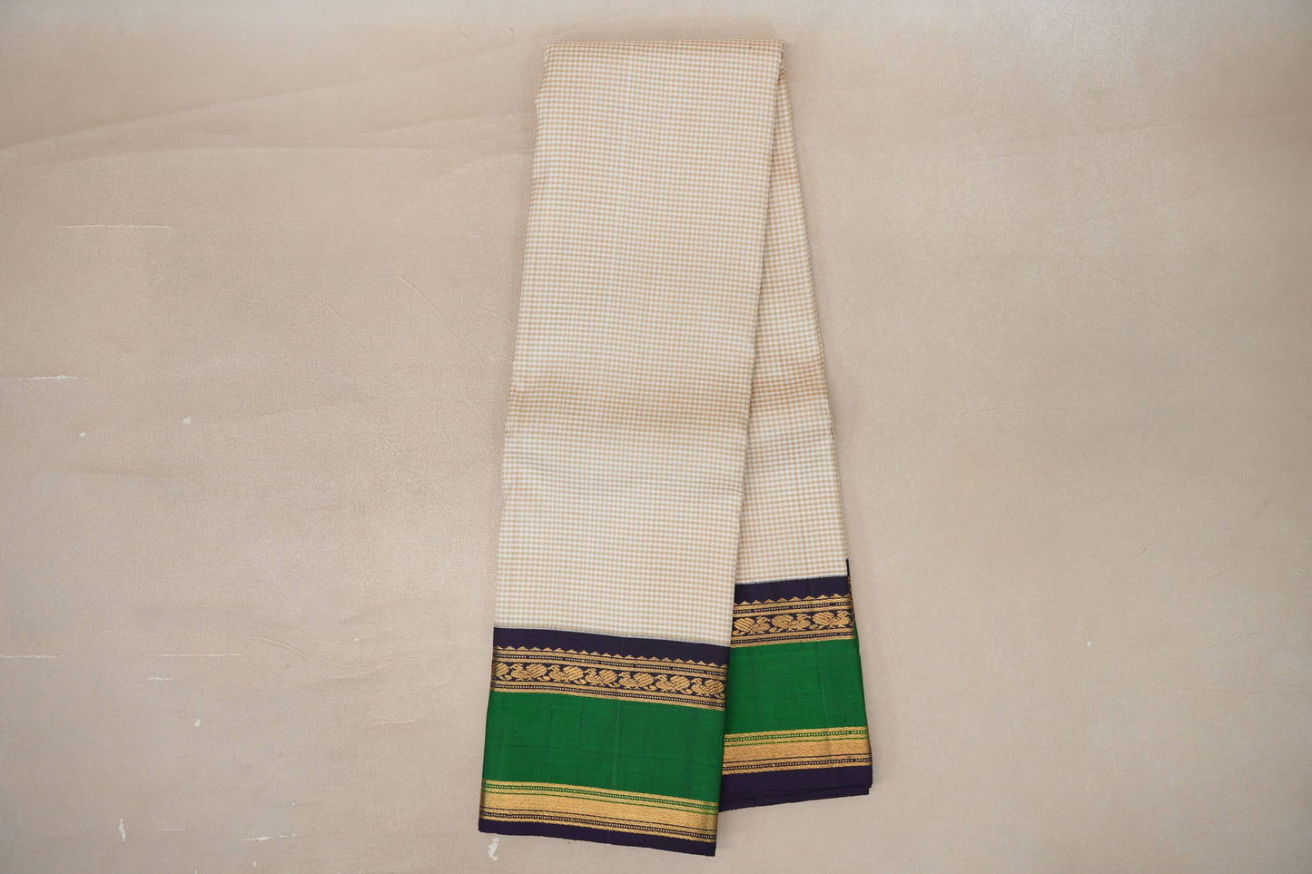 Cream with Olive Green Checks Vintage Kanjivaram Silk Saree online