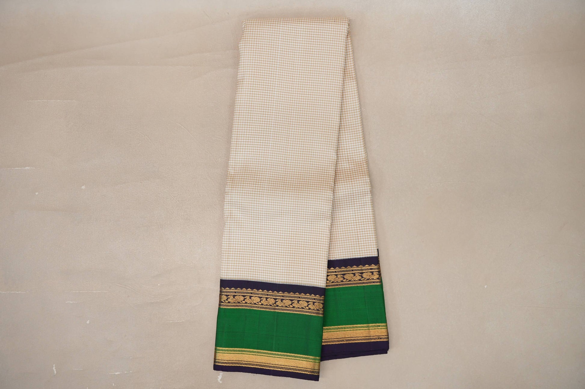 Cream with Olive Green Checks Vintage Kanjivaram Silk Saree online