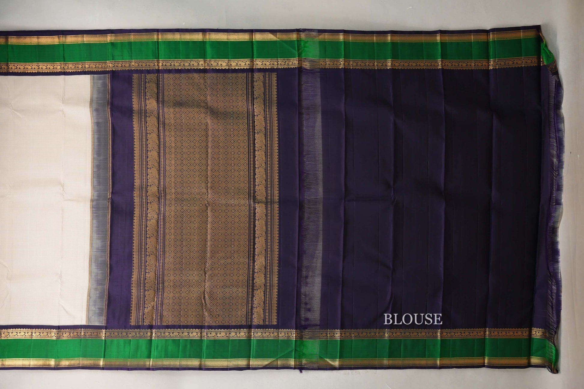 Cream with Olive Green Checks Vintage Kanjivaram Silk Saree blouse