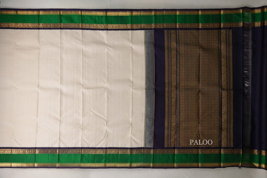 Cream with Olive Green Checks Vintage Kanjivaram Silk Saree paloo