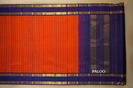 Orange with Blue Borders Vintage Kanjivaram Silk Saree paloo