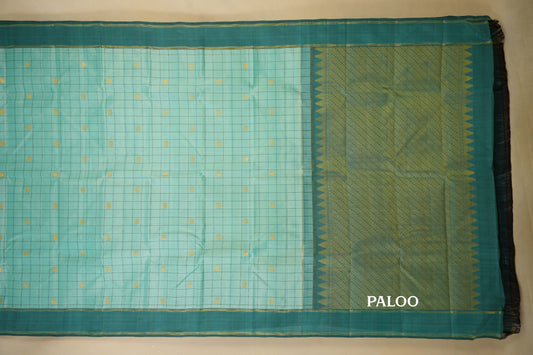Rexona Green with Teal Blue Borders Vintage Kanjivaram Silk Saree paloo