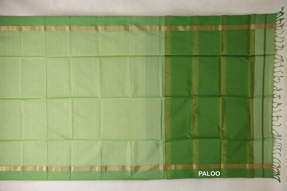 Unfolded pista green silk cotton saree with leaf green borders, gold-toned bands, and a striped leaf green pallu with tassels.