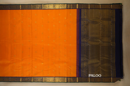 Mango Yellow with Blue Borders Vintage Kanjivaram Silk Saree paloo