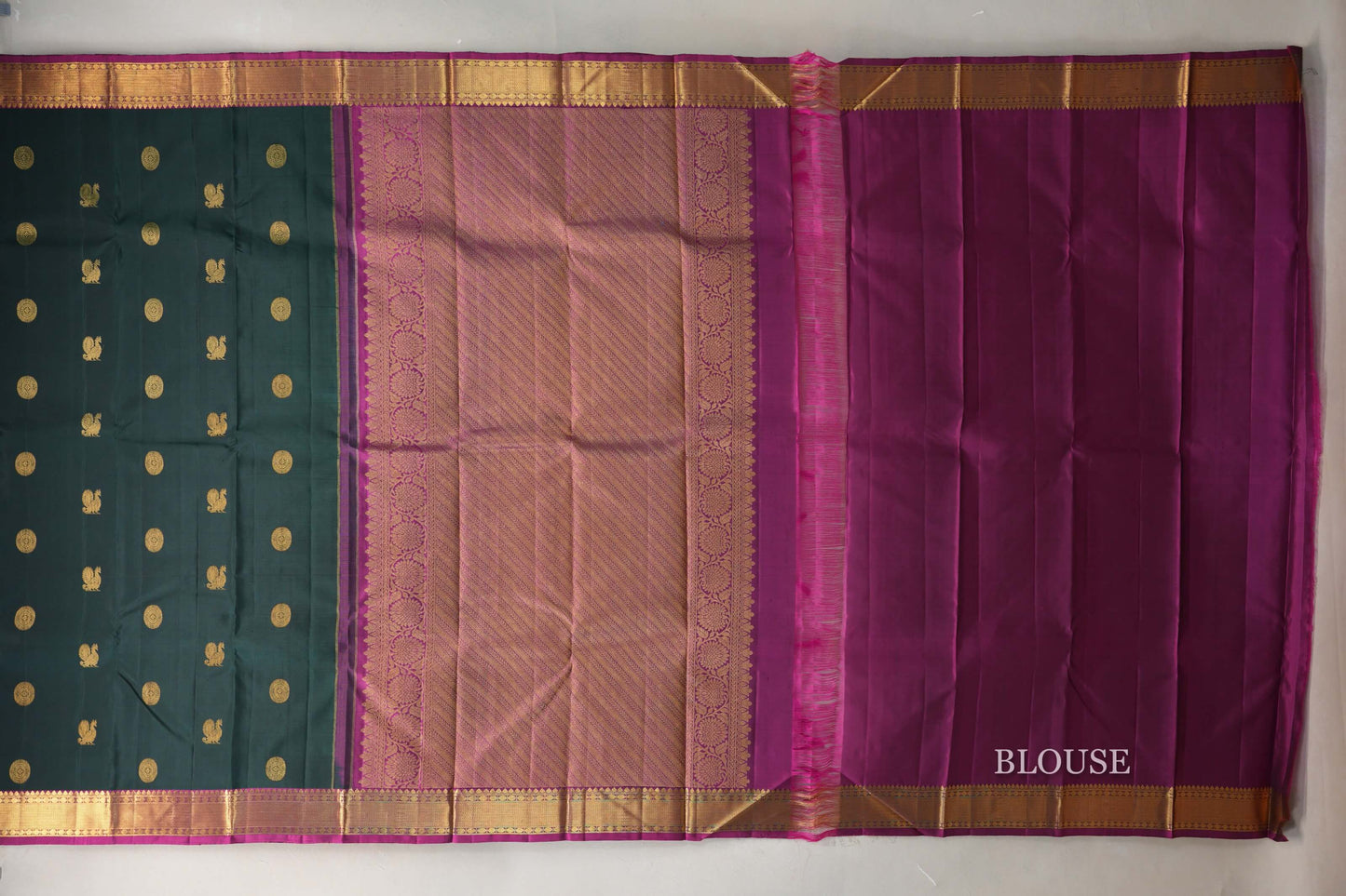 Deep Bottle Green Kanjivaram Silk Saree blouse