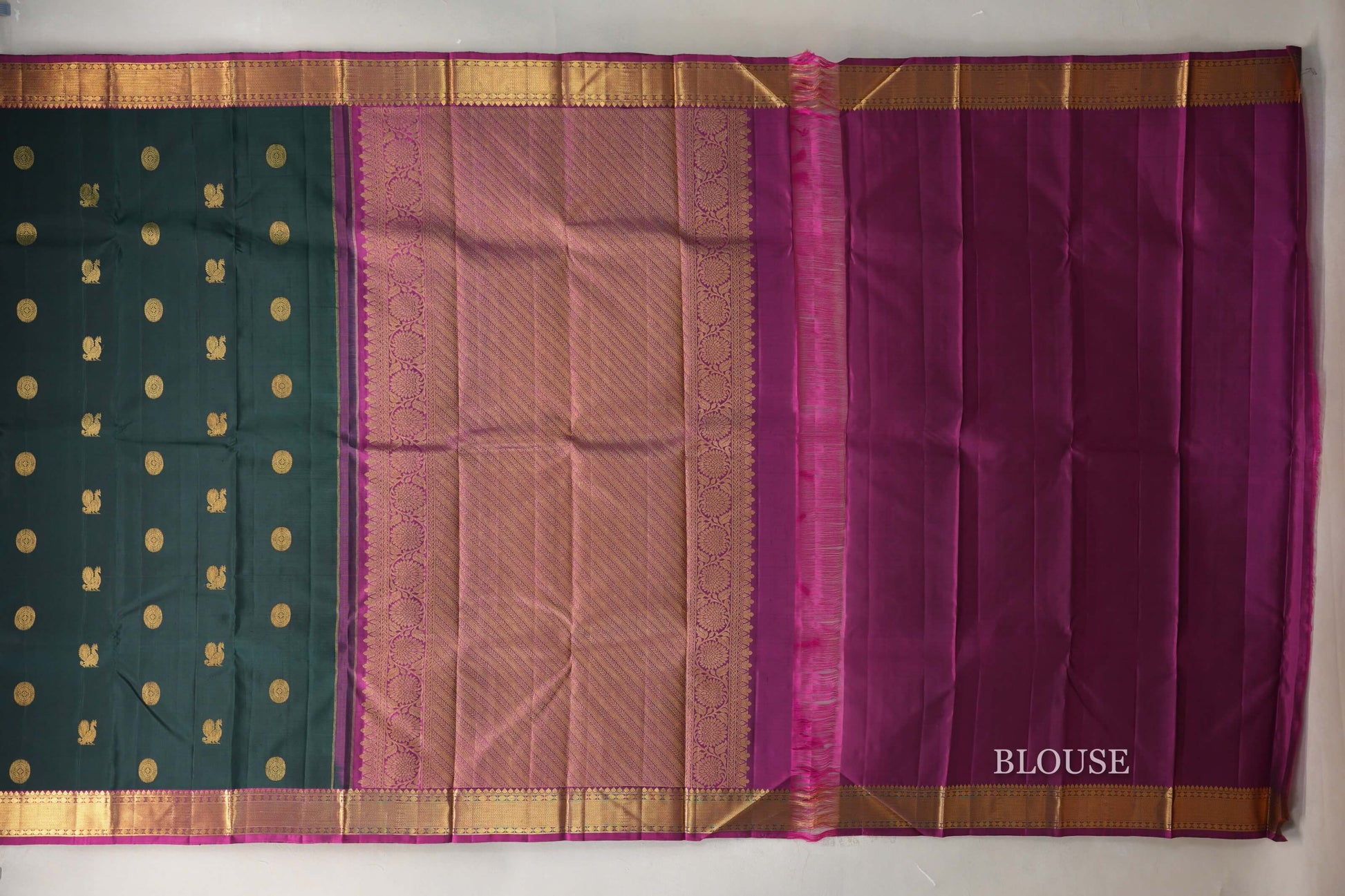 Deep Bottle Green Kanjivaram Silk Saree blouse
