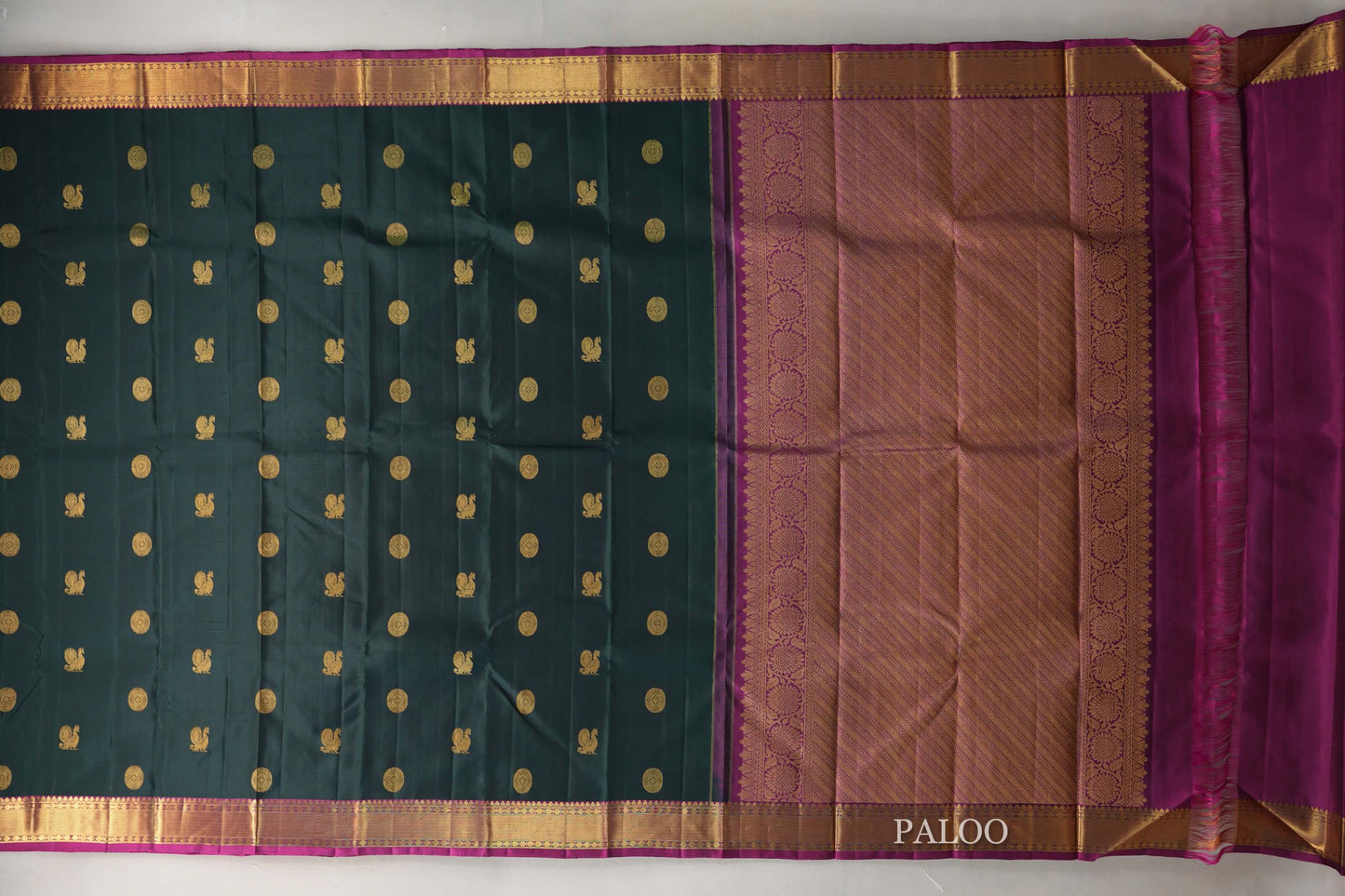 Deep Bottle Green Kanjivaram Silk Saree paloo