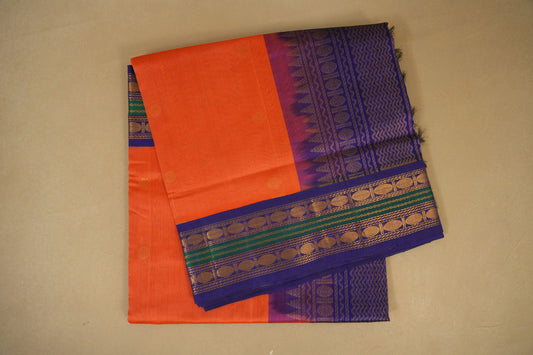 Peach Pink with Violet Borders Silk Cotton Saree