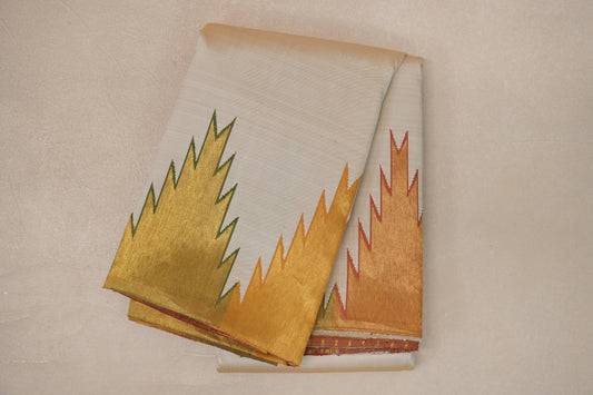 folded Dual Tone of Cream and Olive Green  Kanjivaram Silk Saree