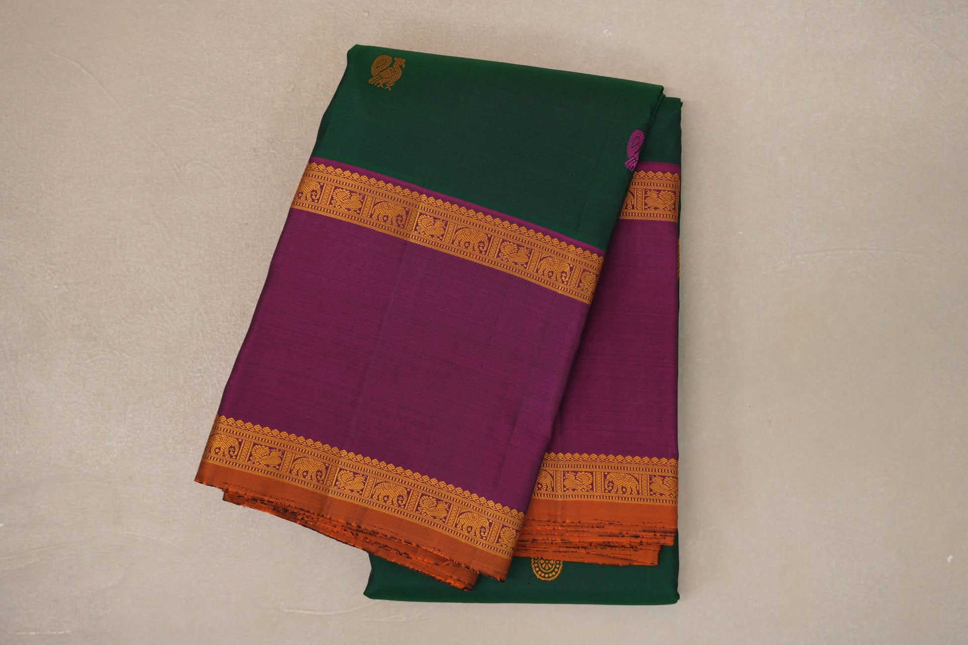folded Forest Green Thread Woven Kanjivaram Silk Saree