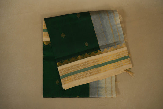Bottle Green with Off-white Borders Silk Cotton Saree