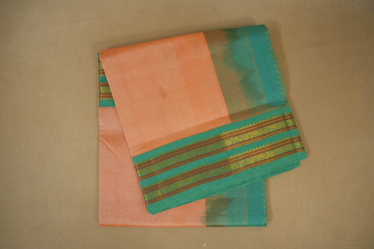 Peach with Rama Green Borders Silk Cotton Saree
