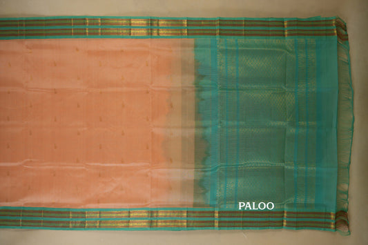 Peach with Rama Green Borders Silk Cotton Saree paloo