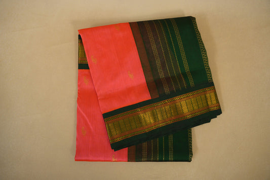 Peach Pink with Bottle Green Borders Silk Cotton Saree