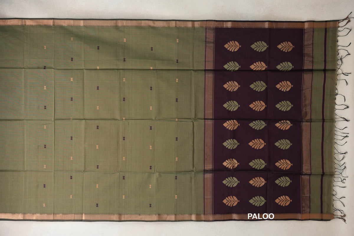 Muted olive green Maheshwari silk cotton saree spread flat, with small scattered motifs and a deep wine plum pallu with rows of leaf motifs and tassels.