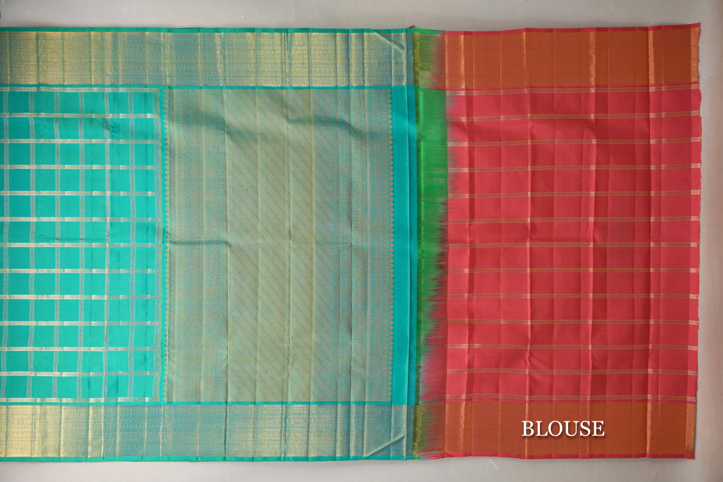 Dual Tone Aqua Blue & Parrot Green Vintage Kanjivaram Silk Saree blouse