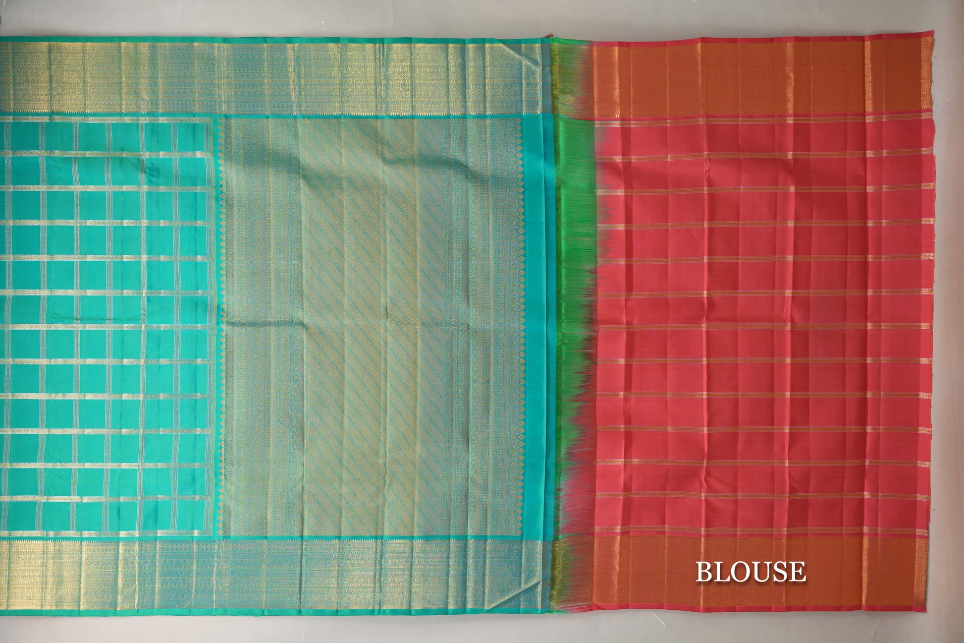 Dual Tone Aqua Blue & Parrot Green Vintage Kanjivaram Silk Saree blouse