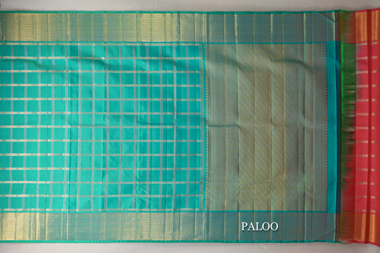 Dual Tone Aqua Blue & Parrot Green Vintage Kanjivaram Silk Saree paloo