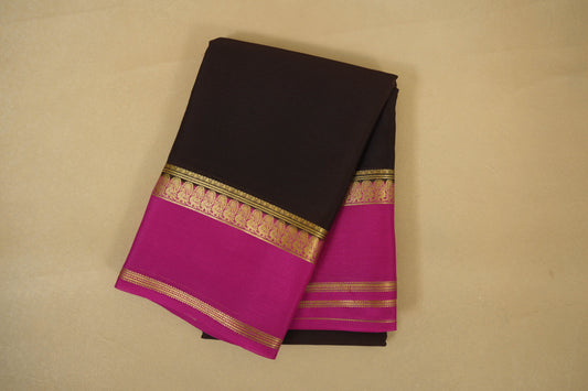 Dark Coffee Brown with Pink Borders Mysore Silk Saree