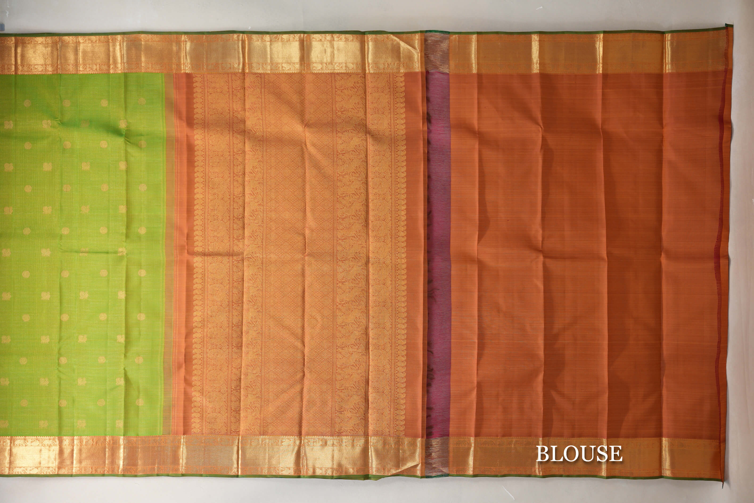 Dual Tone of Parrot Green & Yellow Vintage Heirloom Kanjivaram Silk Saree blouse