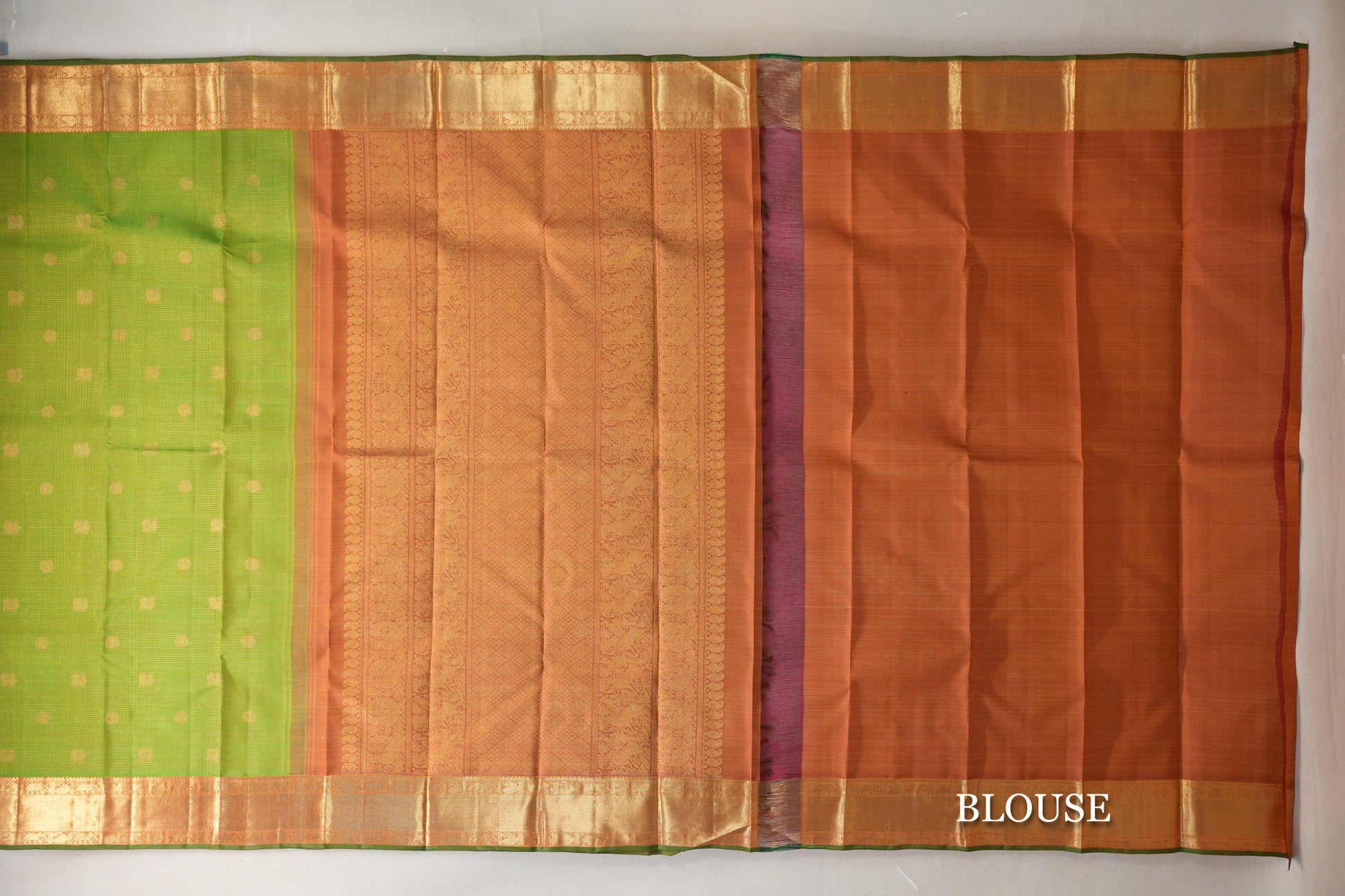 Dual Tone of Parrot Green & Yellow Vintage Heirloom Kanjivaram Silk Saree blouse