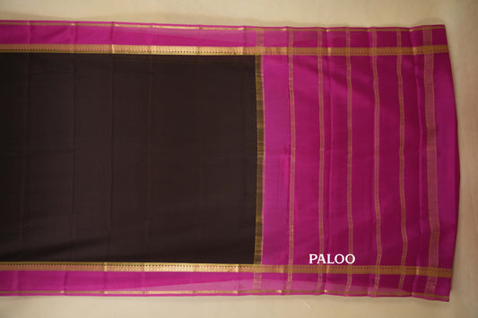 Dark Coffee Brown with Pink Borders Mysore Silk Saree paloo