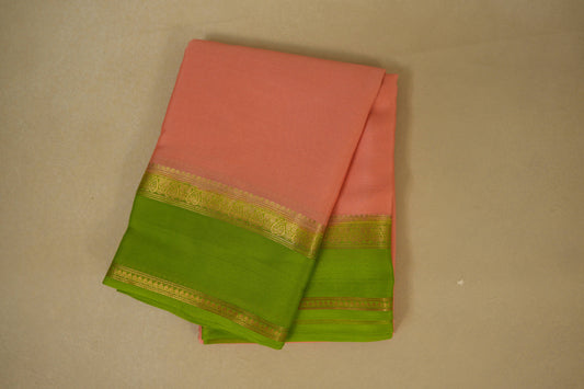 Peach with Parrot Green Borders Mysore Silk Saree