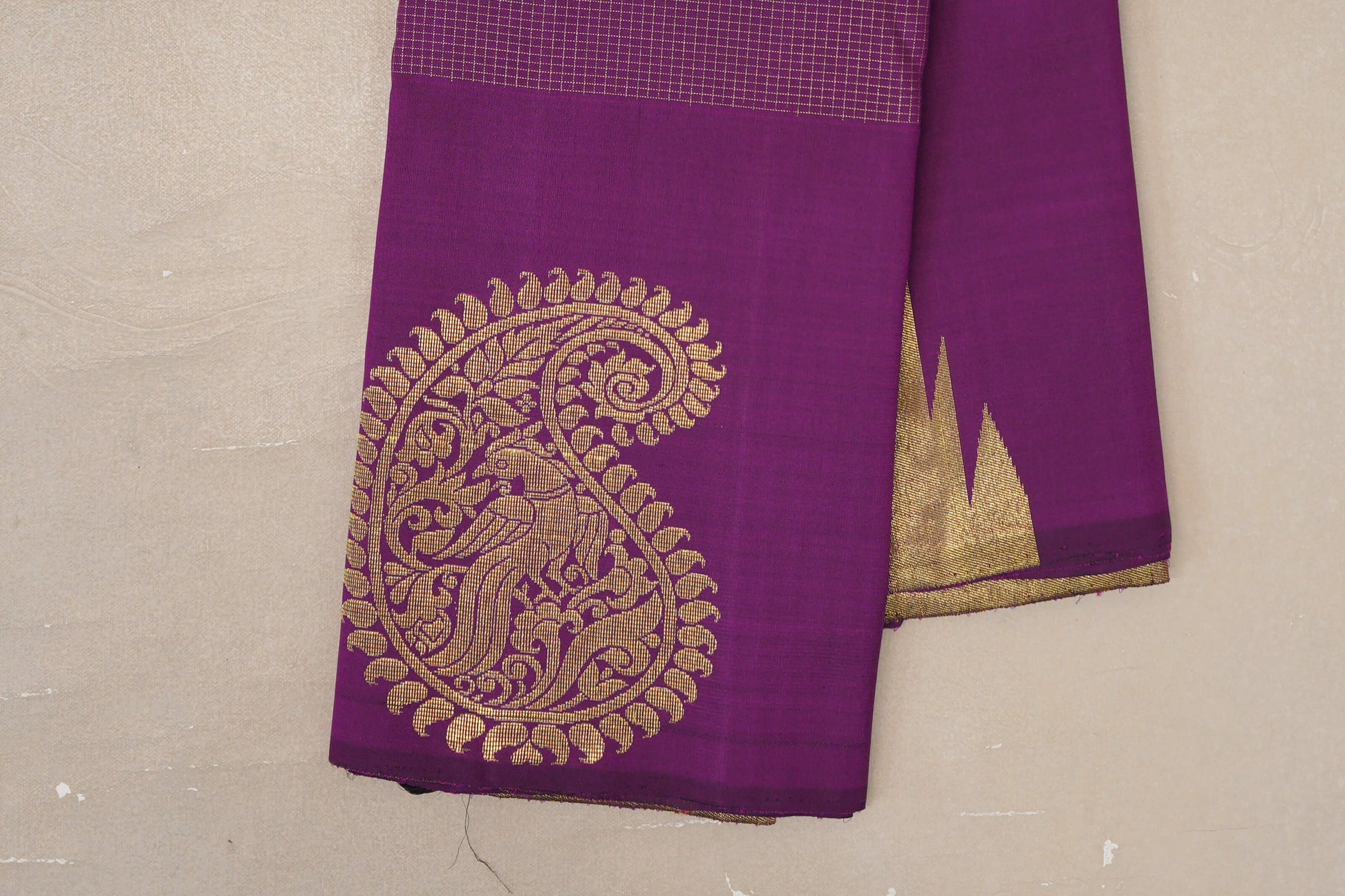 Dark Purple with Zari Checks Vintage Kanjivaram Silk Saree border