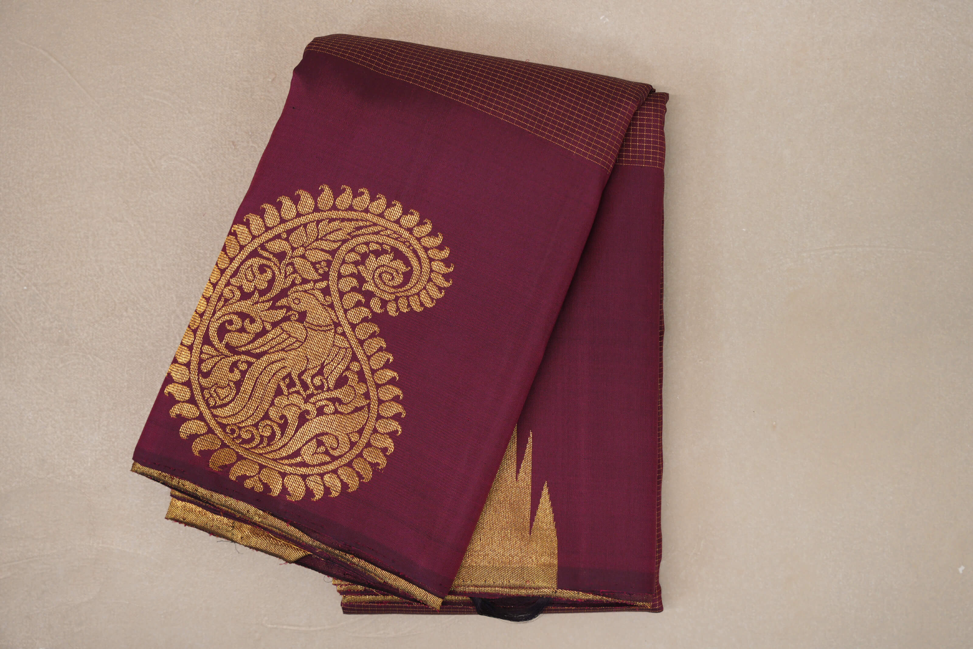 Deep Maroon with Zari Checks Vintage Kanjivaram Silk Saree 