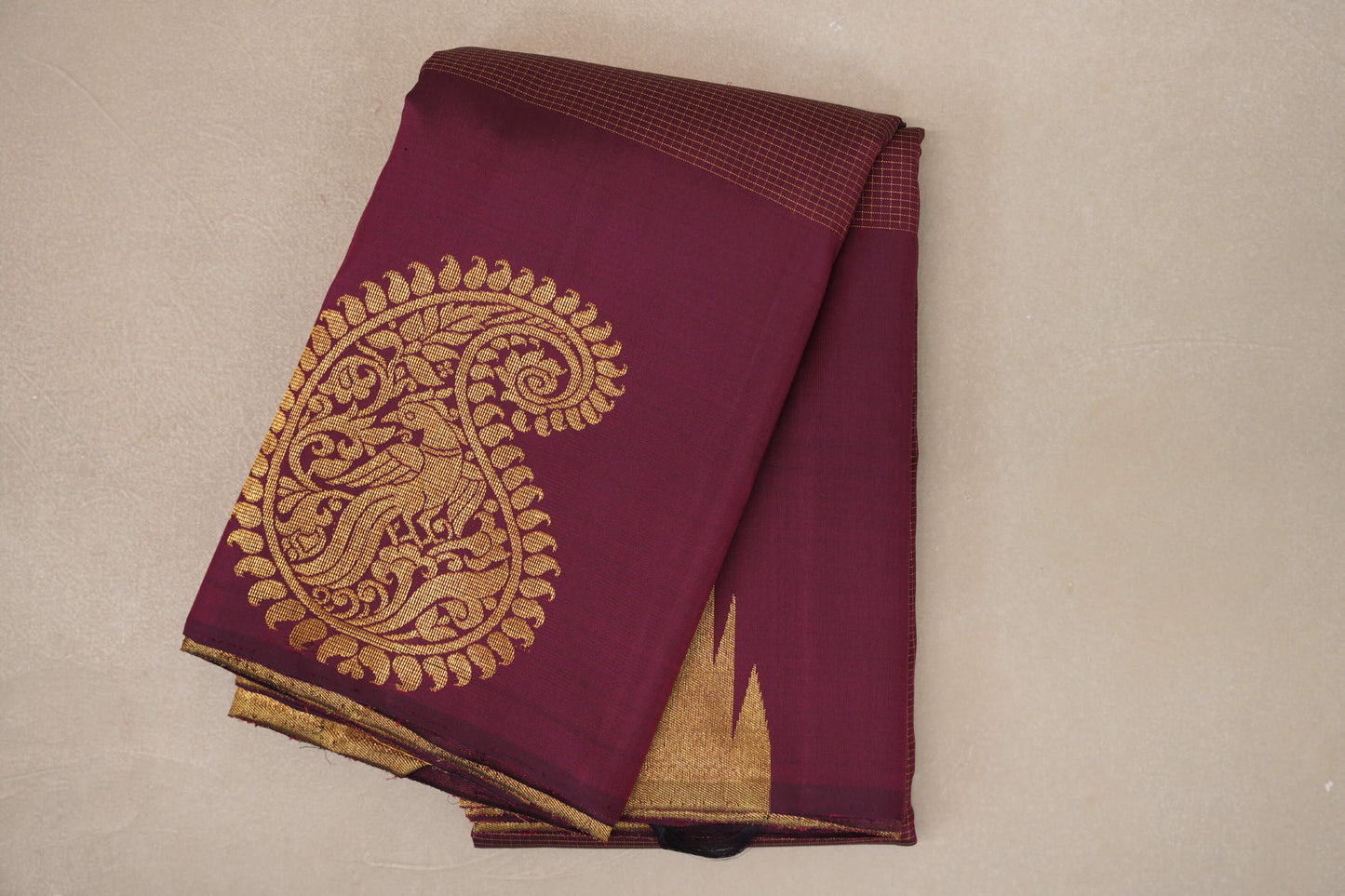 Deep Maroon with Zari Checks Vintage Kanjivaram Silk Saree 