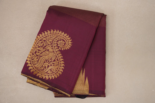 Deep Maroon with Zari Checks Vintage Kanjivaram Silk Saree 