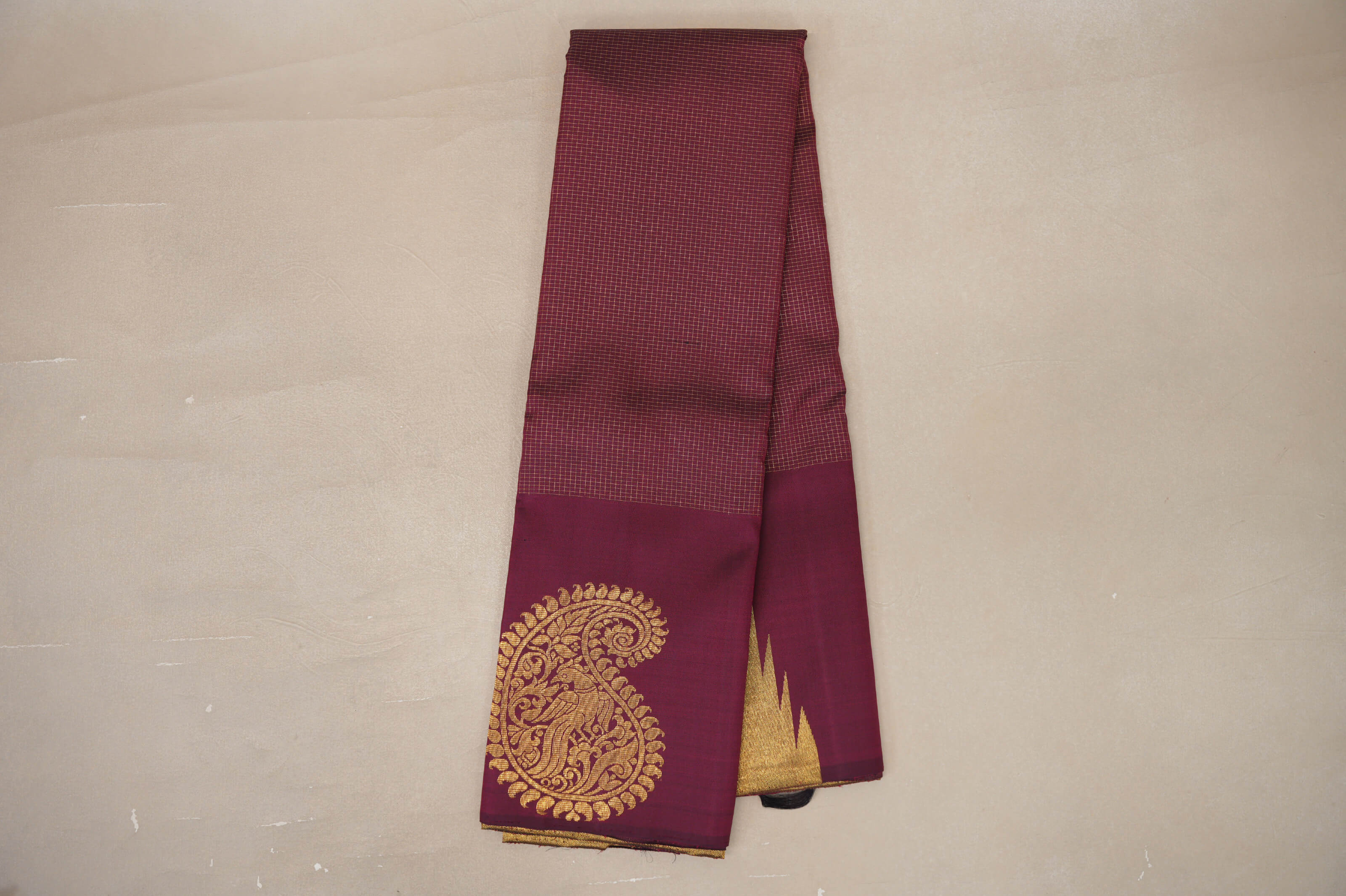 Online Deep Maroon with Zari Checks Vintage Kanjivaram Silk Saree 