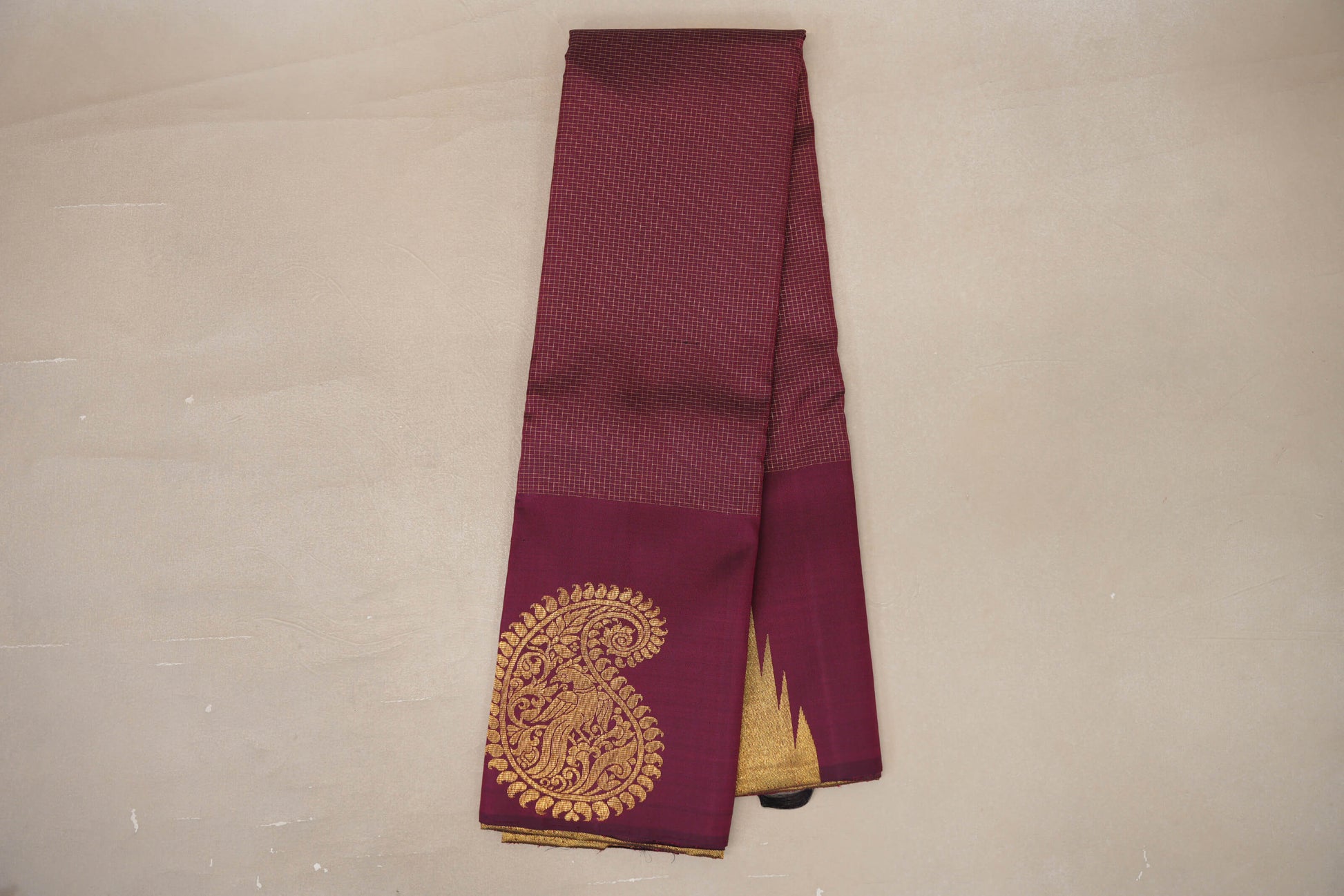 Online Deep Maroon with Zari Checks Vintage Kanjivaram Silk Saree 